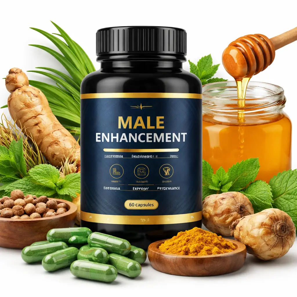 Male sexual wellness herbal supplements capsules with honey and natural herbs for men's health and stamina