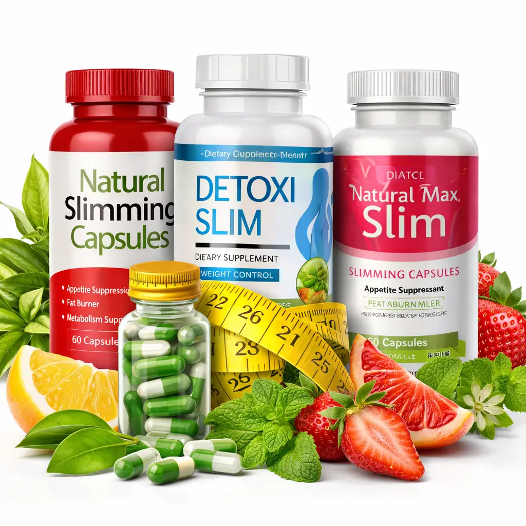 Weight loss supplements with natural slimming capsules, fat burner pills, and herbal detox products for healthy weight management